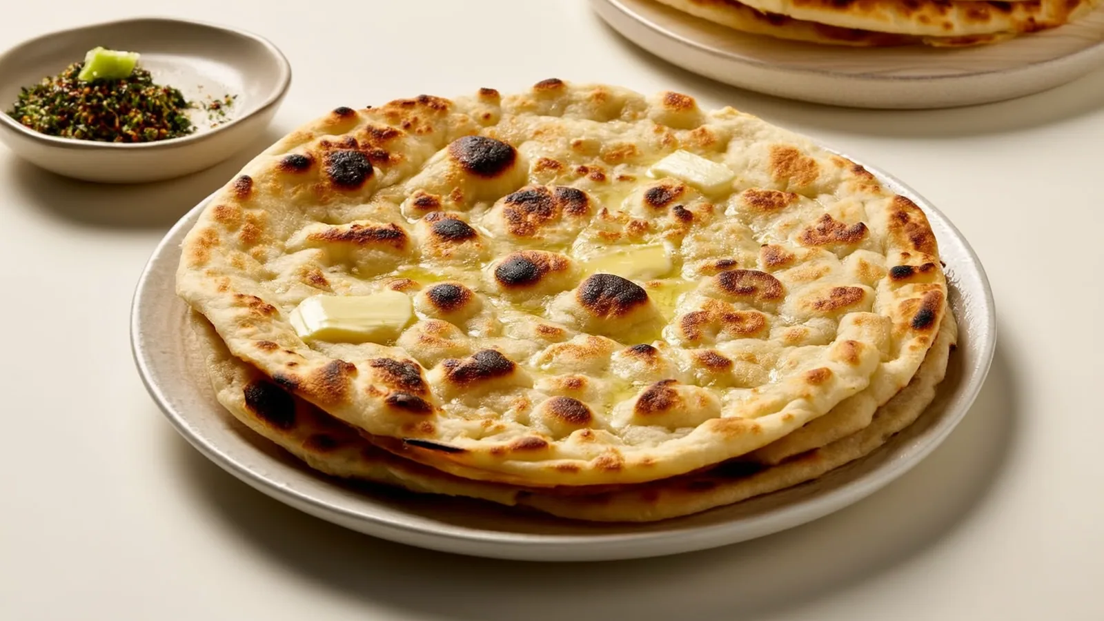 Weiches Naan mit dunklen Pfannenblasen und geschmolzener Butter