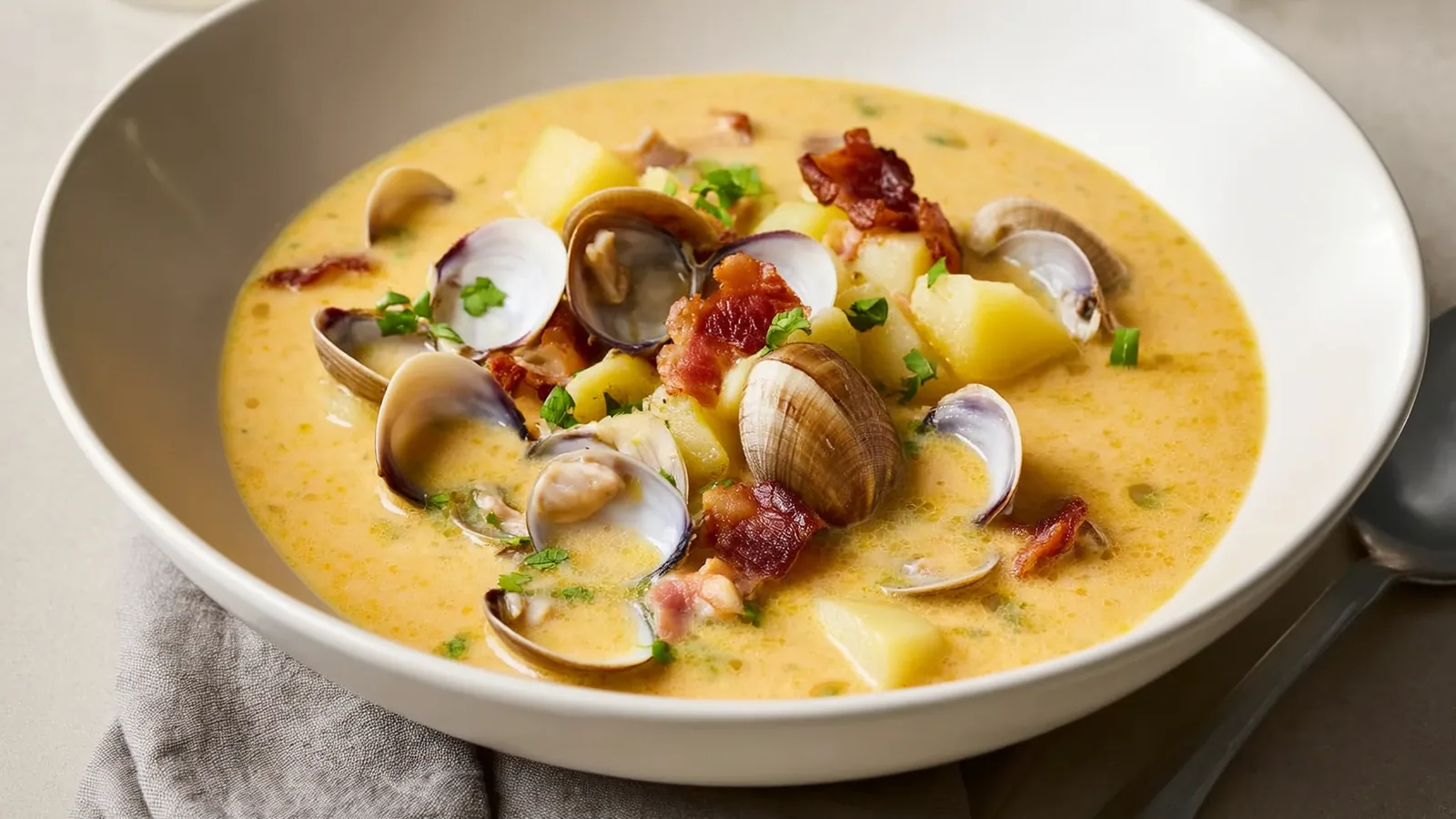 Cremige New England Clam Chowder mit Muscheln, Erdäpfeln und Speck