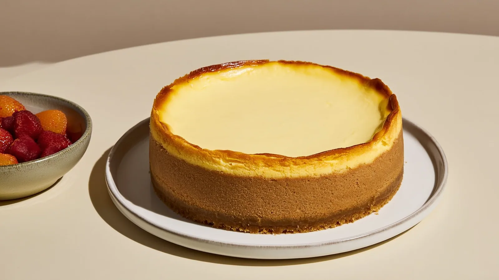 Cremiger New York Cheesecake mit glatter Oberfläche und Keksboden