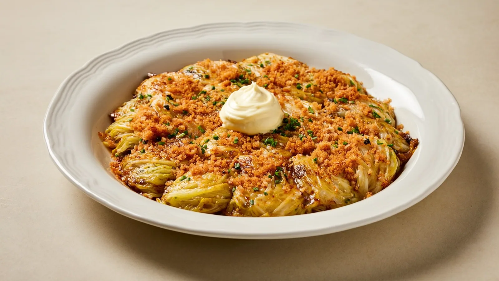 Okonomiyaki mit dunkler Sauce, Mayonnaise, Bonitoflocken und Frühlingszwiebeln