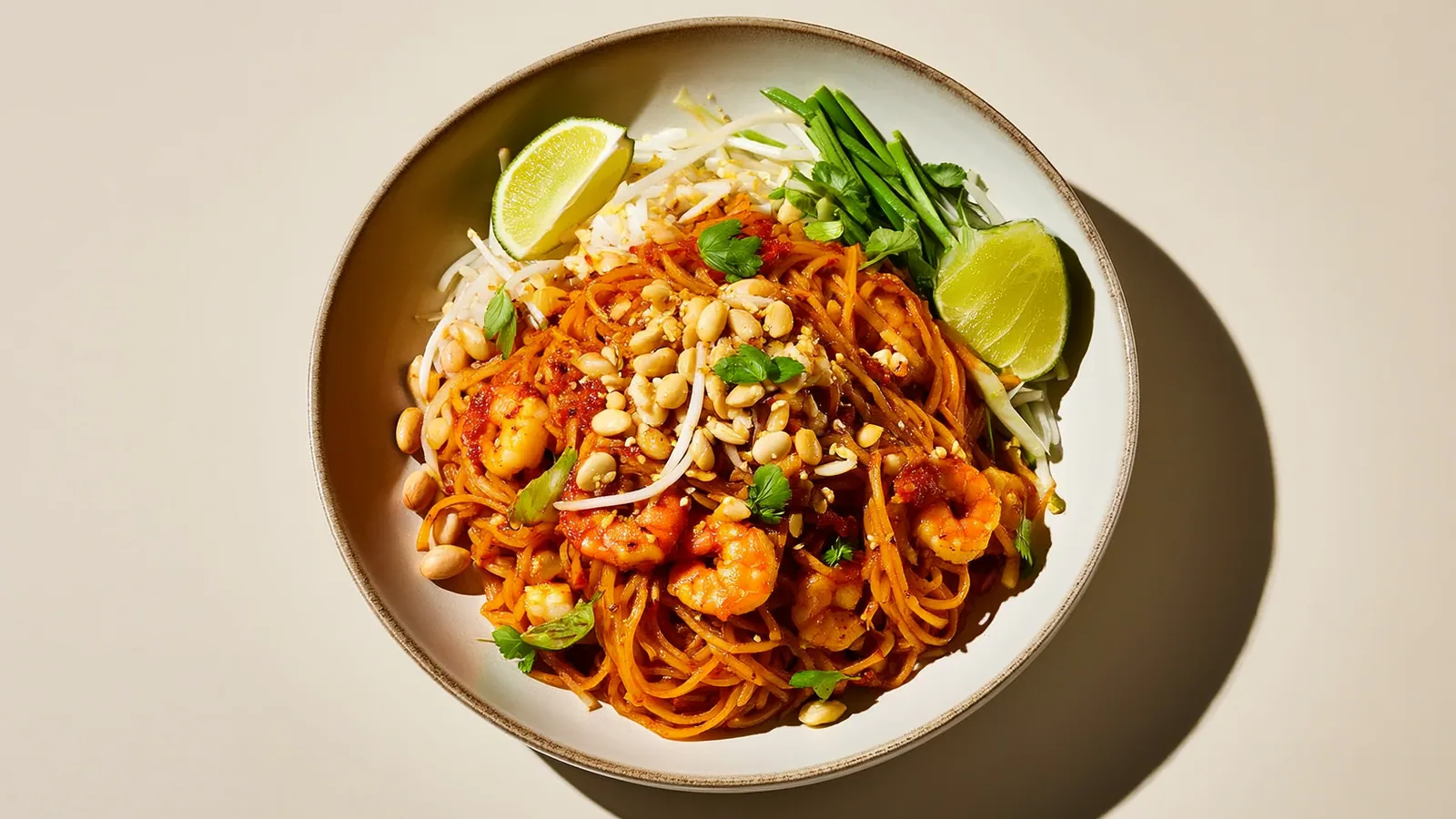 Pad Thai mit Reisnudeln, Garnelen, Ei, Sprossen und Erdnüssen