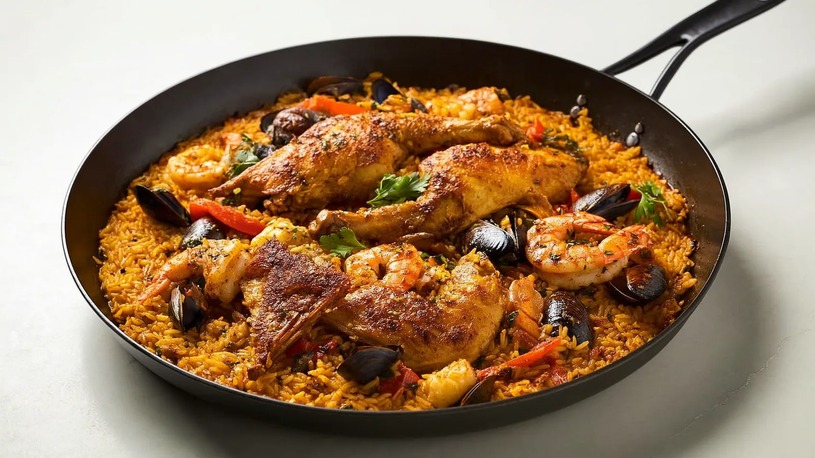 Spanische Paella mit Safranreis, Huhn, Garnelen und Muscheln