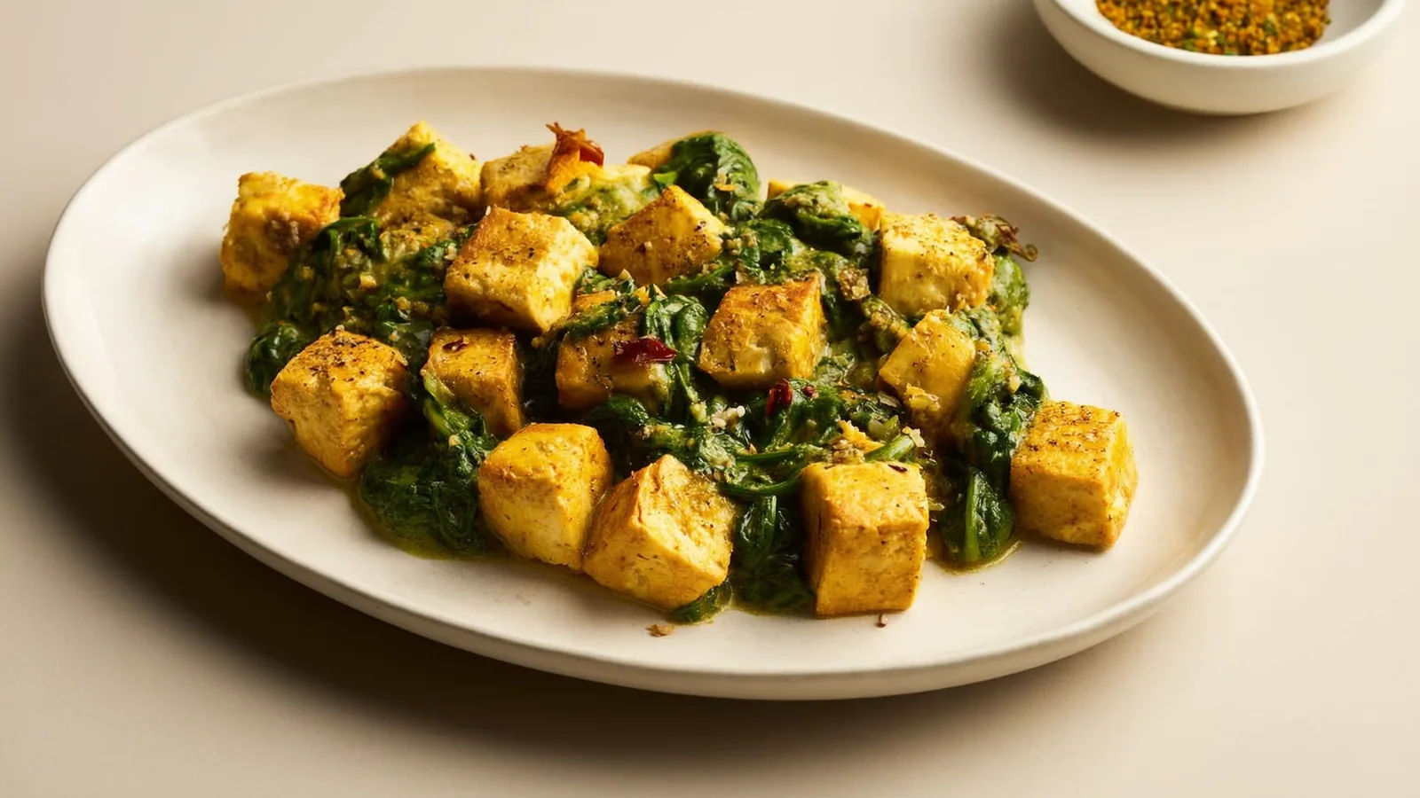 Palak Paneer mit goldenen Käsewürfeln in leuchtend grünem Spinat