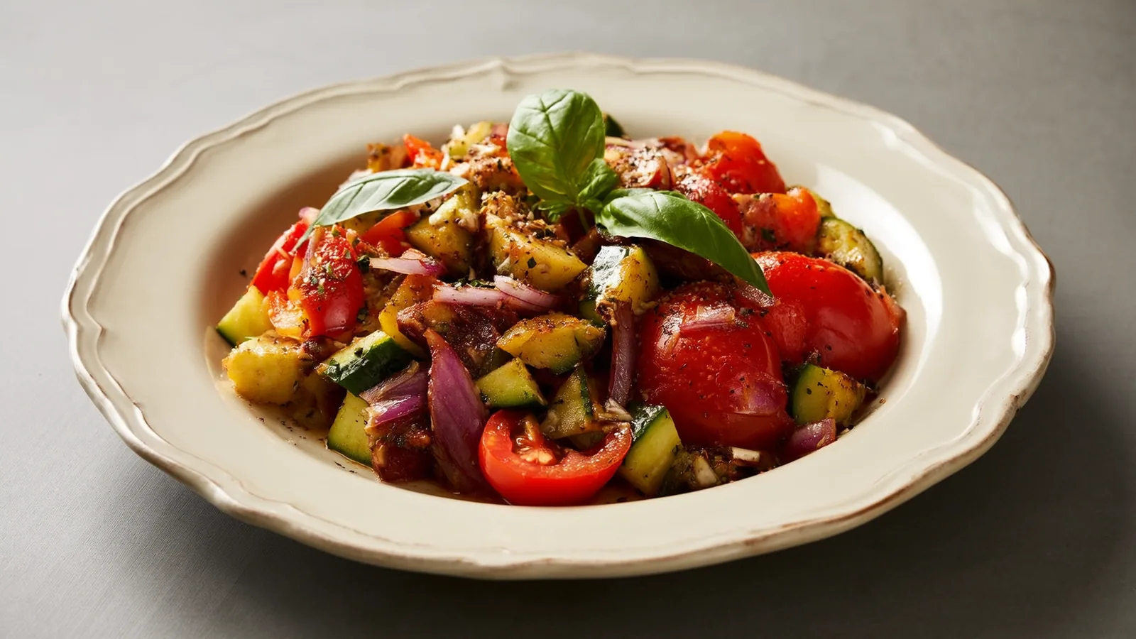 Toskanischer Brotsalat Panzanella mit reifen Paradeisern und Basilikum