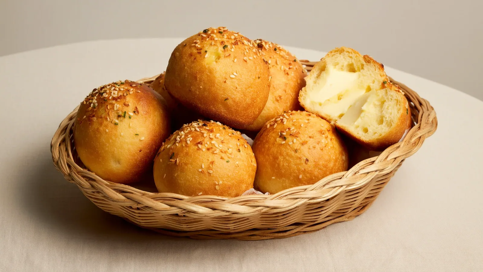 Goldene Pão de Queijo mit elastischer Käsemitte in einem Korb