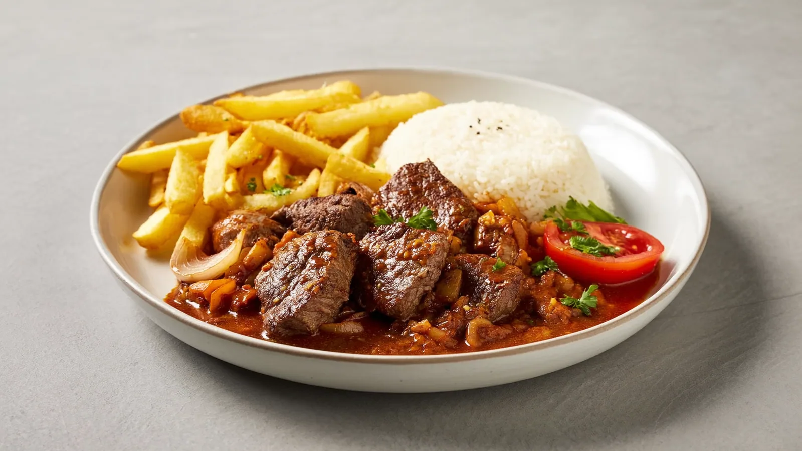Peruanisches Lomo Saltado mit Rindfleisch, Zwiebeln, Paradeisern, Pommes und Reis