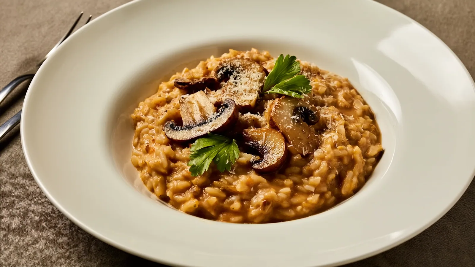 Cremiges Pilzrisotto mit gebratenen Waldpilzen und Petersilie