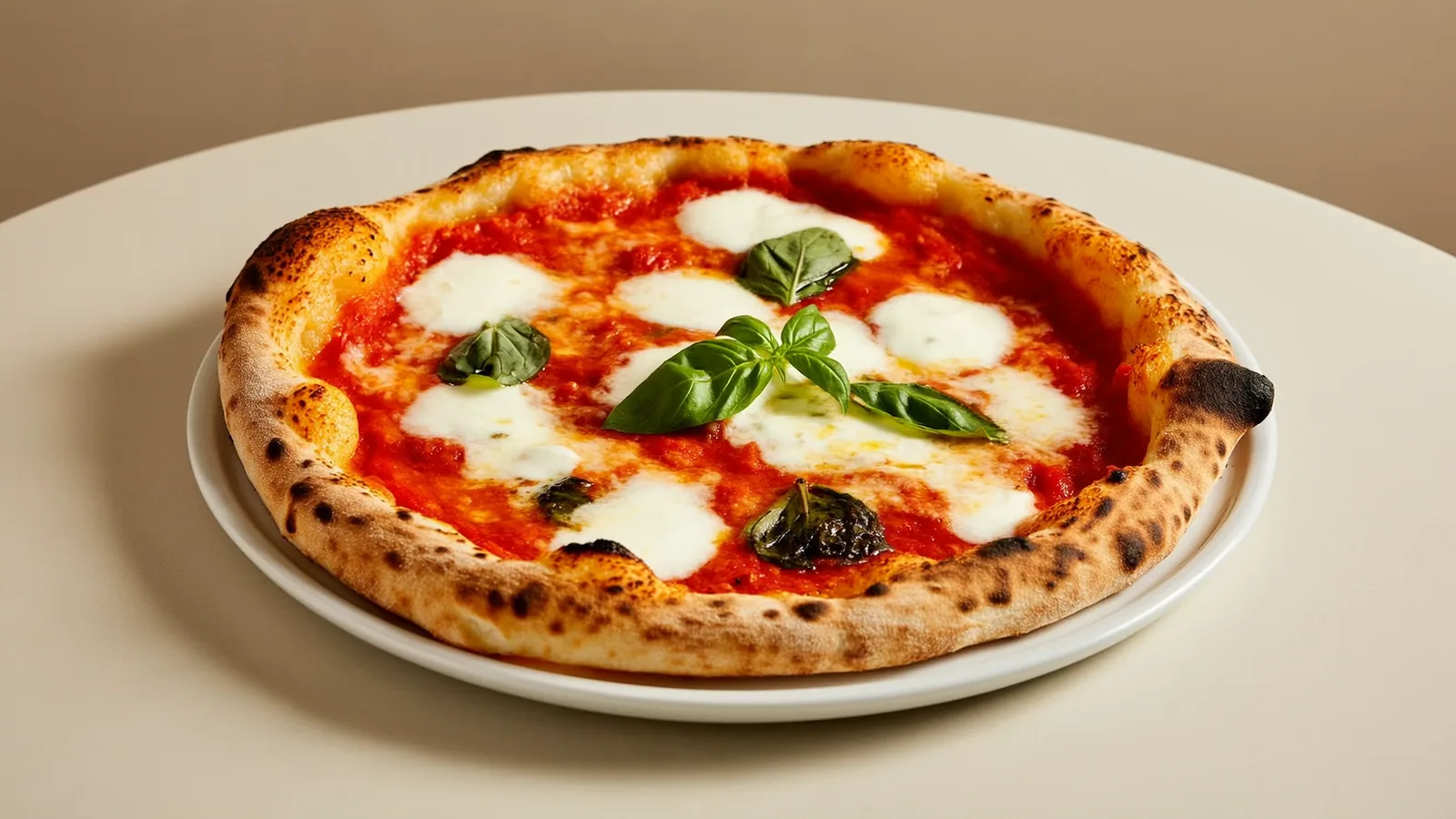 Pizza Margherita mit luftigem Rand, Paradeisern, Mozzarella und Basilikum