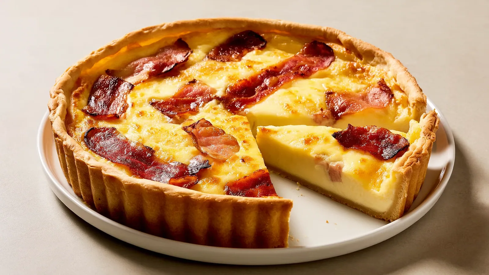 Quiche Lorraine mit goldener Eiercreme und Speck in einer Tarteform