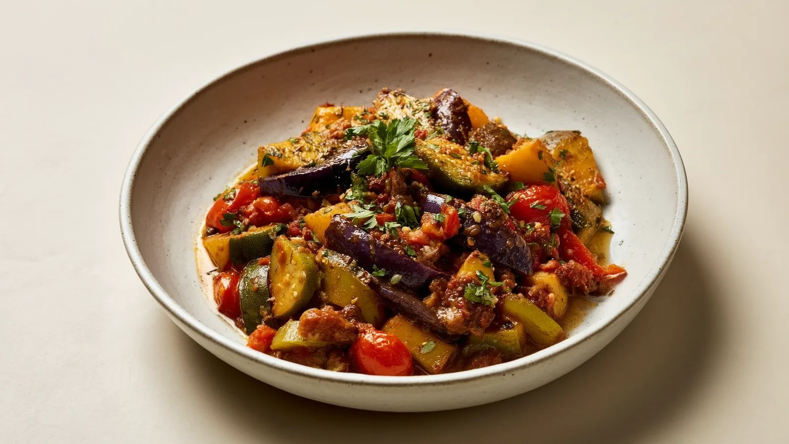 Bunte Ratatouille mit Melanzani, Zucchini, Paprika und Paradeisern