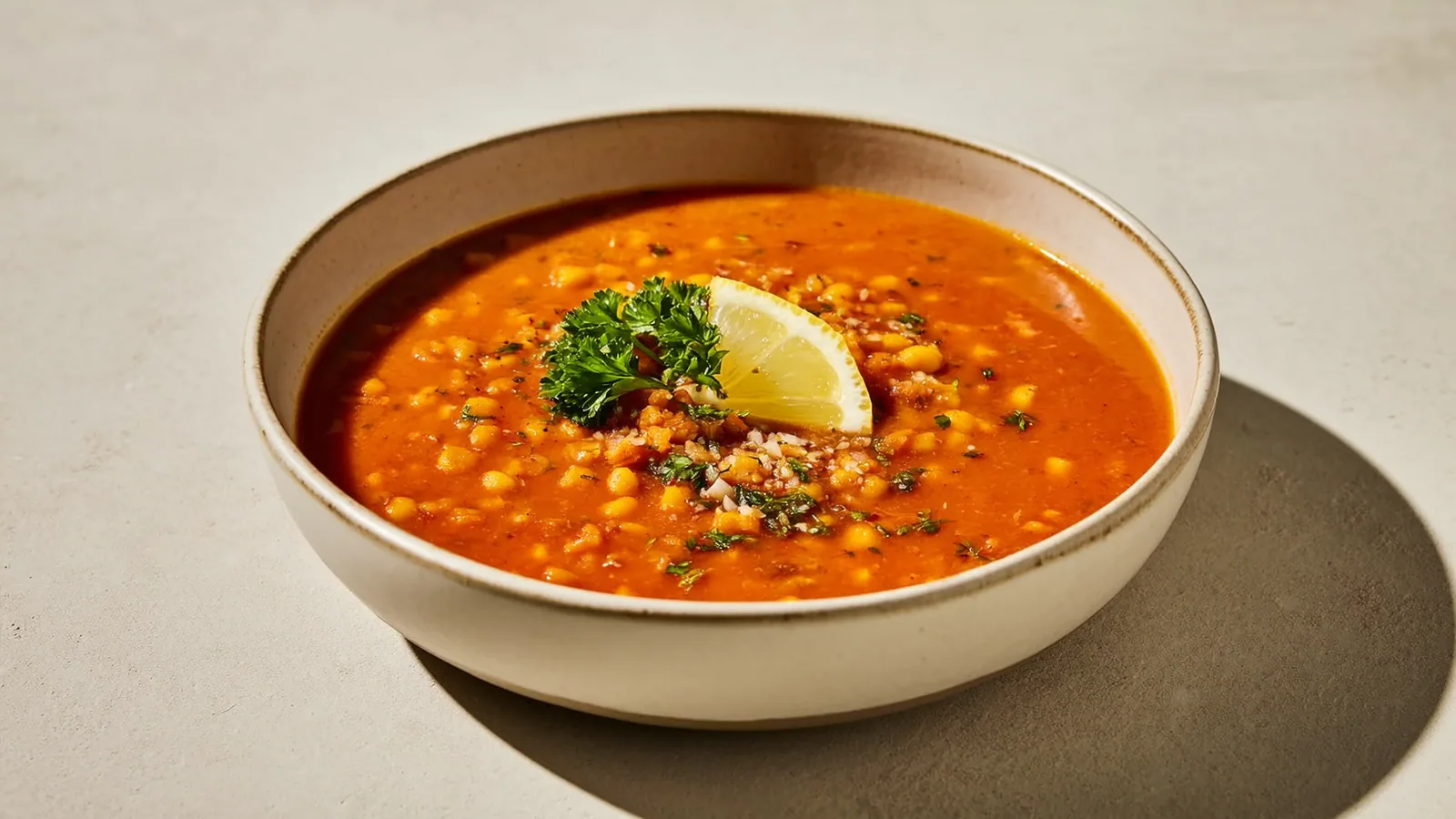 Samtige rote Linsensuppe mit Karotten, Paradeisern und Zitrone