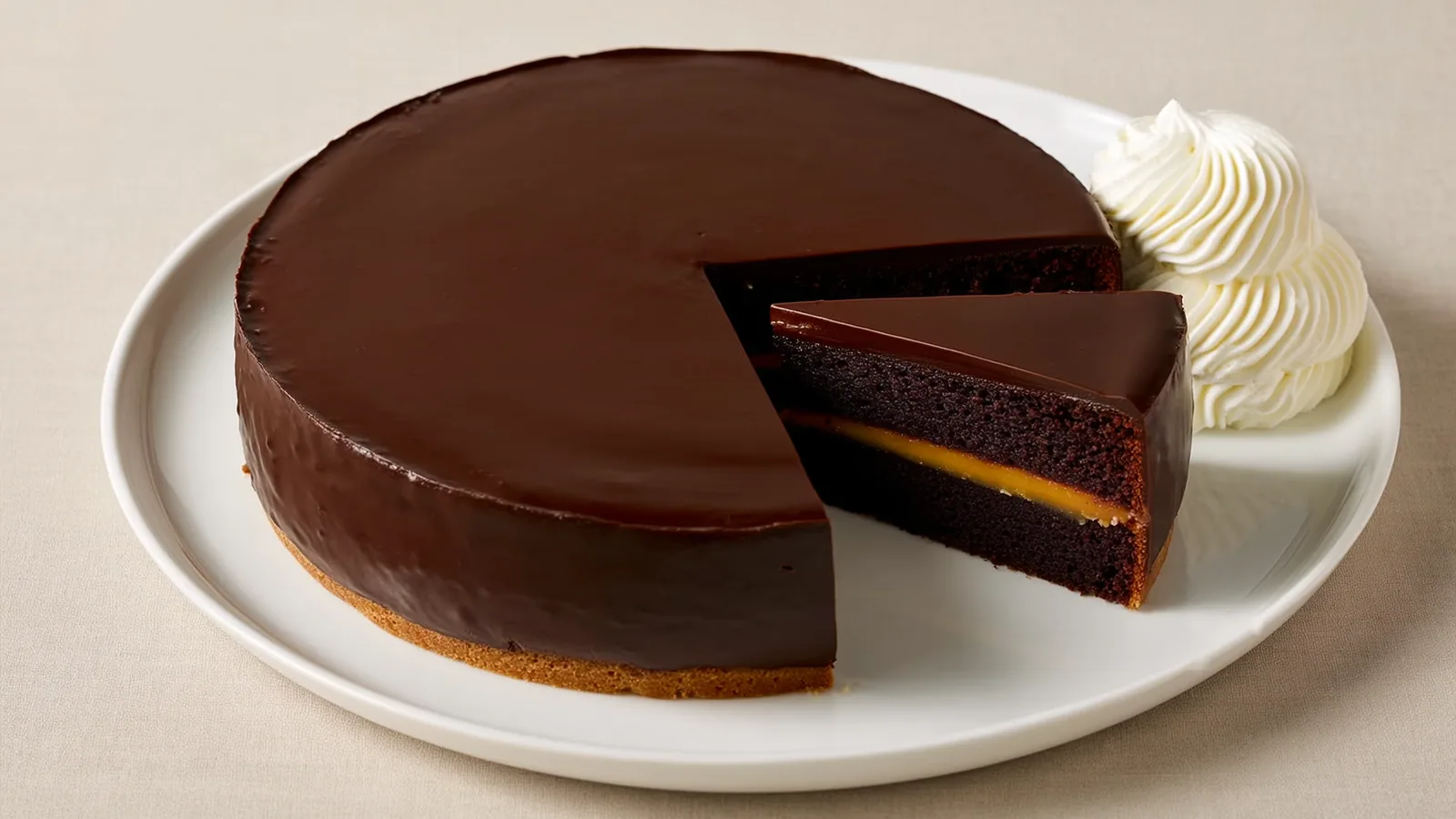 Glänzend glasierte Sachertorte mit einer Portion Schlagobers