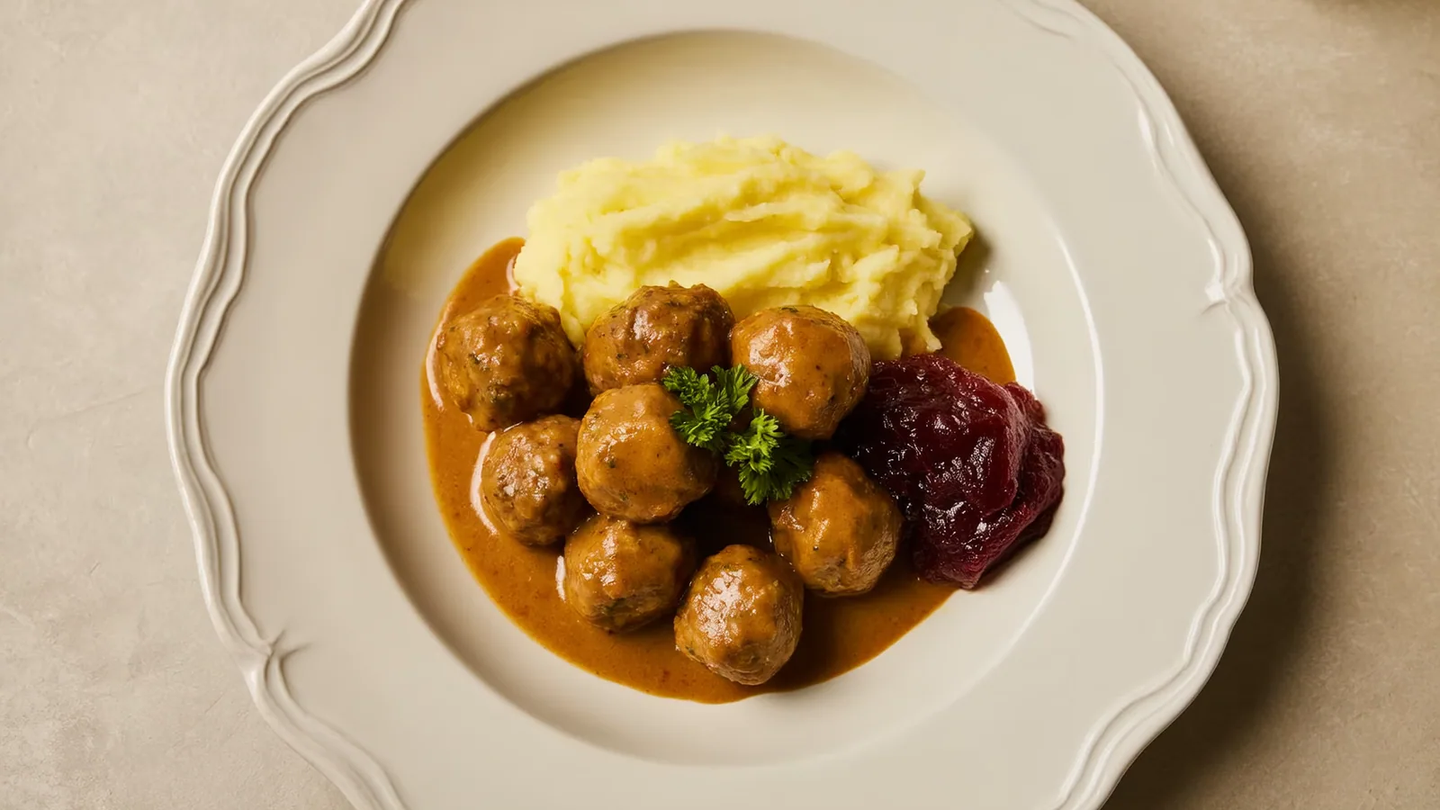 Schwedische Fleischbällchen in cremiger Sauce mit Püree und Preiselbeeren