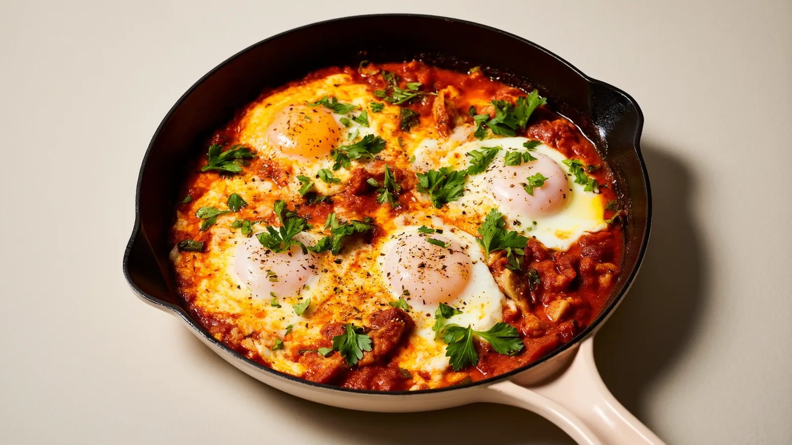 Shakshuka mit gestockten Eiern in roter Paradeiser-Paprika-Sauce
