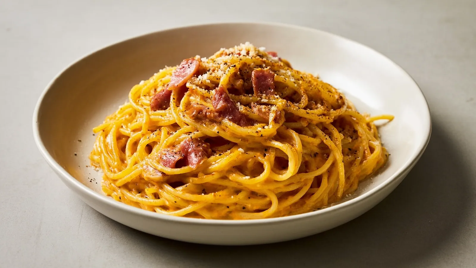 Cremige Spaghetti Carbonara mit Guanciale und schwarzem Pfeffer