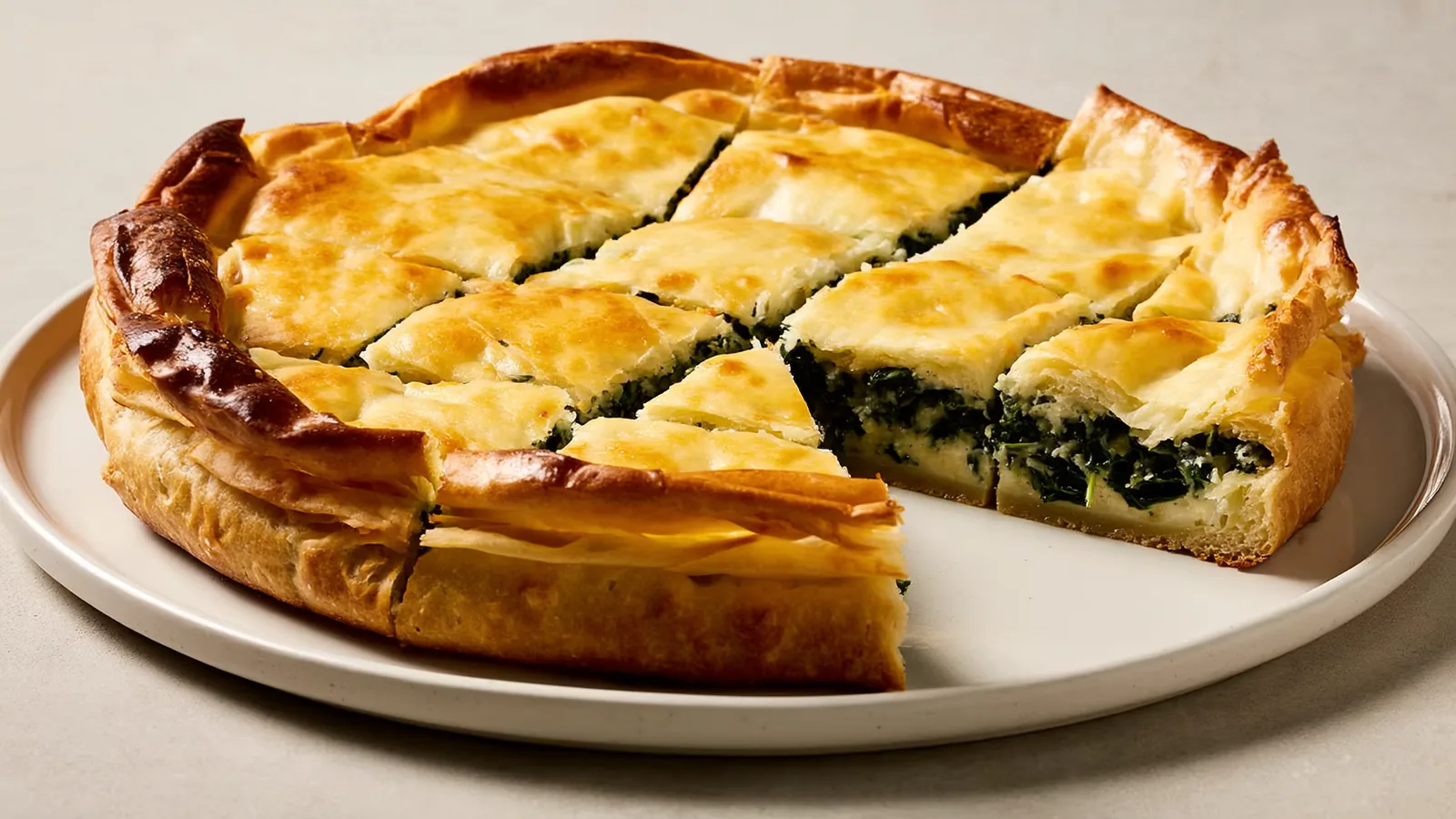 Knusprige Spanakopita mit sichtbarer Spinat-Feta-Fülle