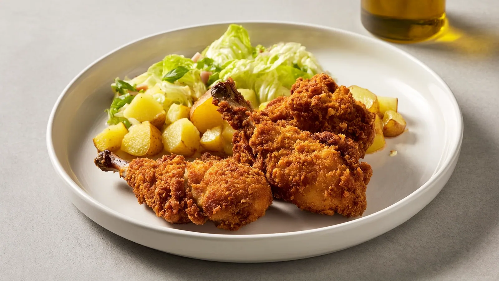 Knuspriges steirisches Backhendl mit Erdäpfel-Vogerlsalat und Zitrone