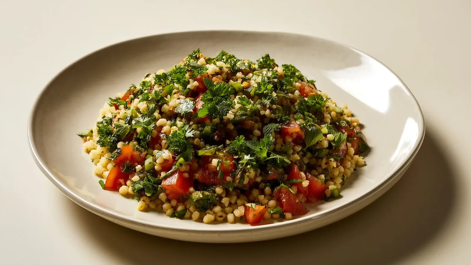 Grünes Taboulé mit Petersilie, Minze, Paradeisern und Bulgur