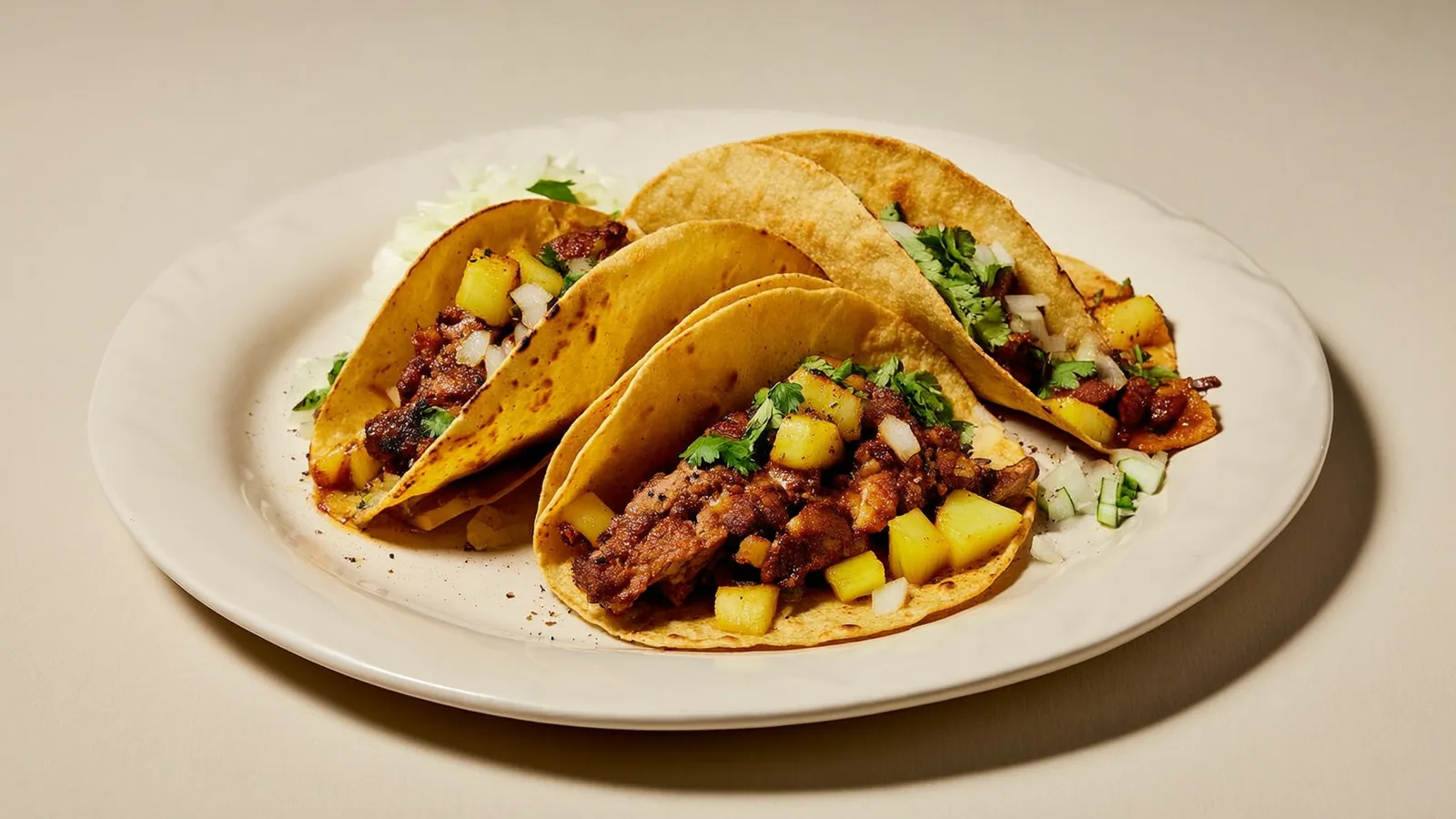 Tacos al Pastor mit geröstetem Schweinefleisch, Ananas, Zwiebel und Koriander