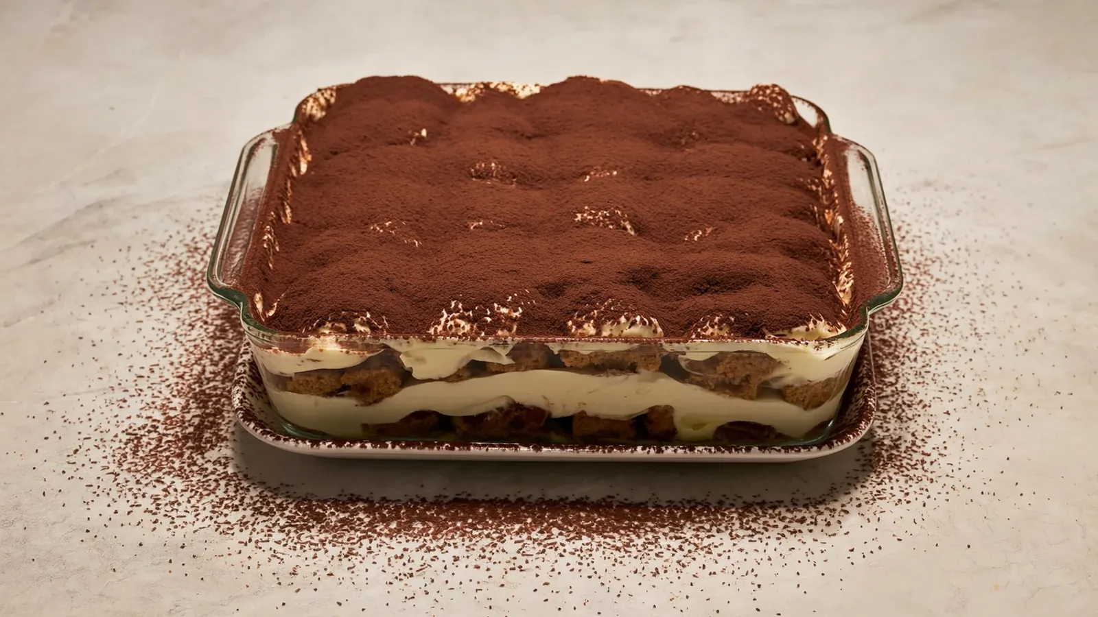 Klassisches Tiramisu mit Mascarponecreme, Espresso und Kakaoschicht