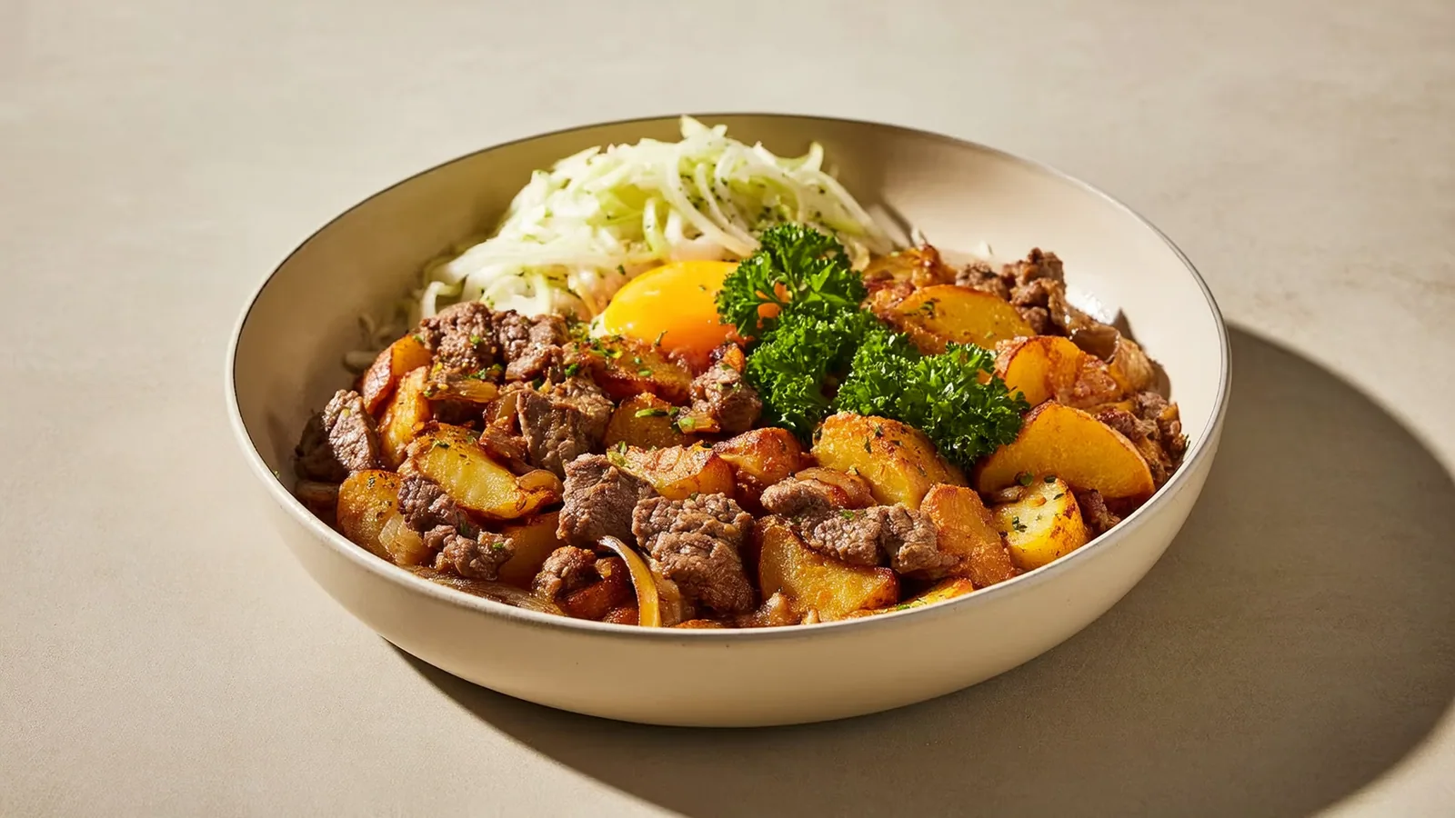 Tiroler Gröstl mit knusprigen Erdäpfeln, Rindfleisch und Spiegelei