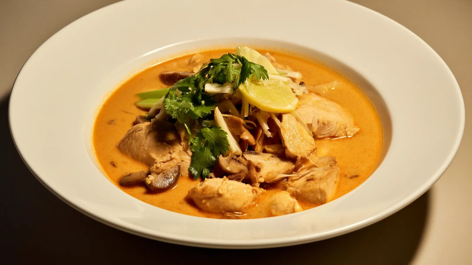 Tom Kha Gai mit Huhn, Pilzen, Kokosmilch und Kräutern