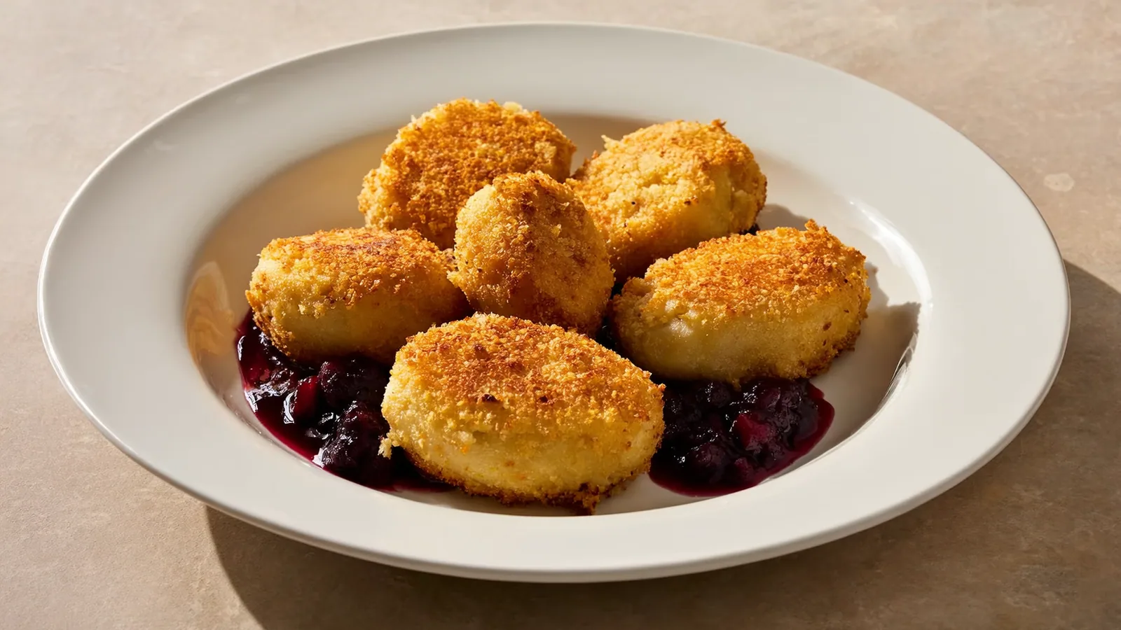 Topfenknödel in goldenen Butterbröseln mit Beerenröster