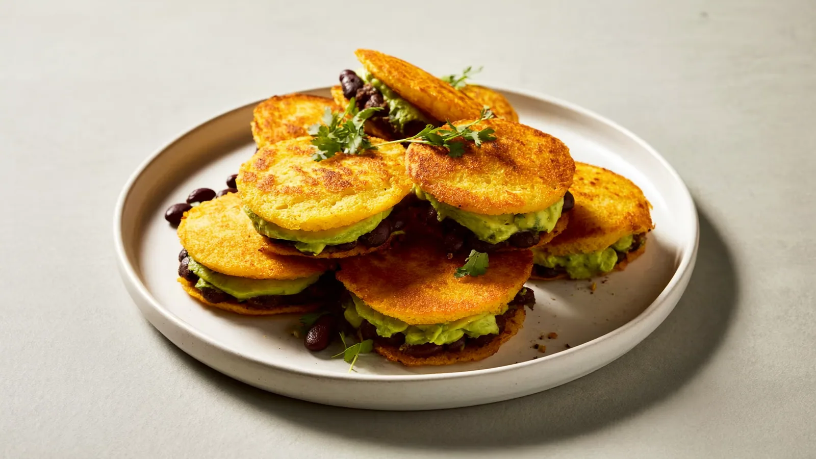 Venezolanische Arepas mit schwarzer Bohnen-Avocado-Füllung