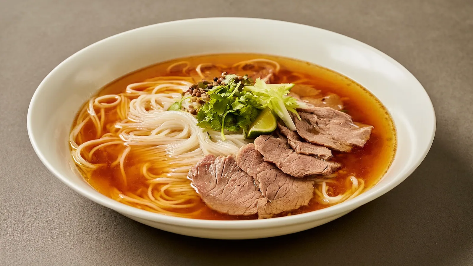 Klare Pho Bo mit Reisnudeln, dünnem Rindfleisch, Kräutern und Limette