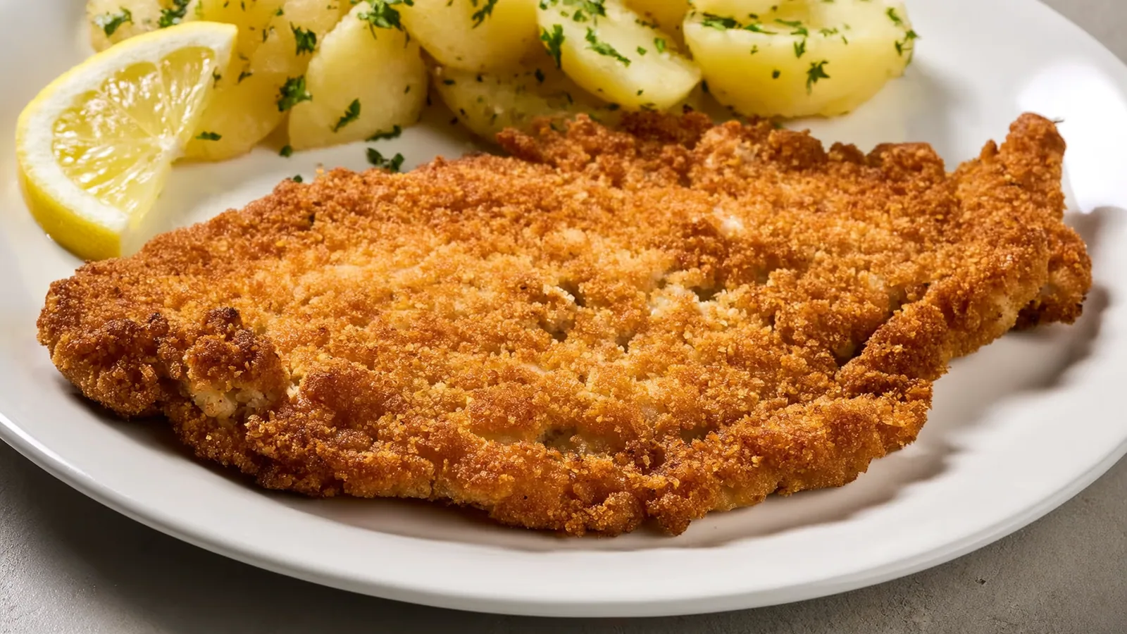 Goldbraunes Wiener Schnitzel mit Petersilerdäpfeln und Zitrone